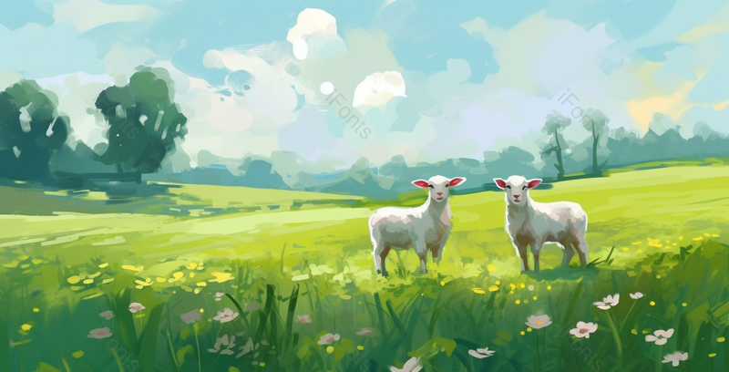 春日夏日季节在一望无际的绿色大草原上的两只小绵羊风景插画,插画/手绘图,插画/手绘图库,插画/手绘图下载,插画/手绘